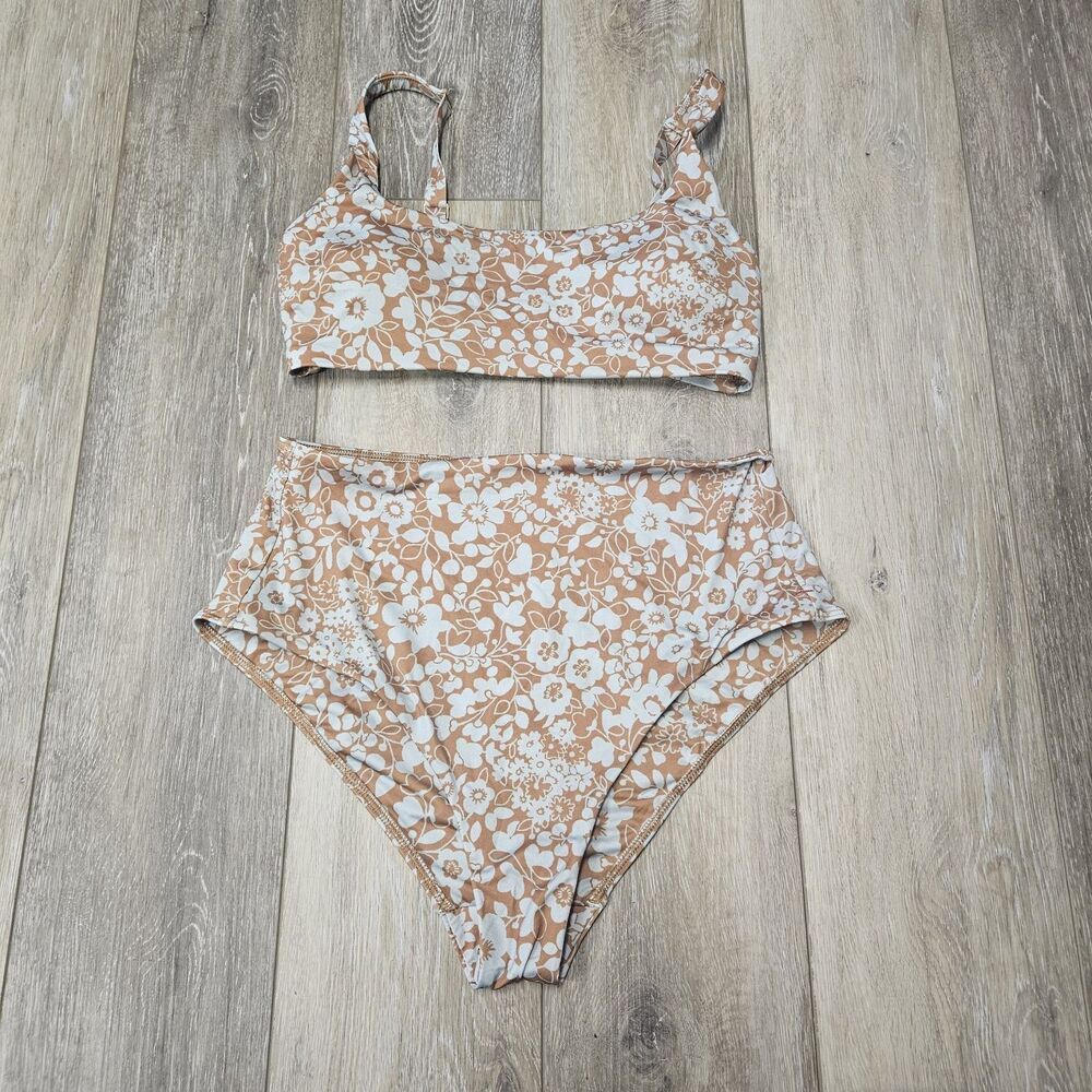 Everlane Bikini Set Blue Honey Floral Square Neck High Waist Women's XS Small